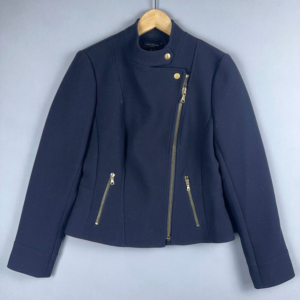 Ann Taylor Biker Jacket Asymmetric Zip Womens Size 6 Petite Lined Front Navy